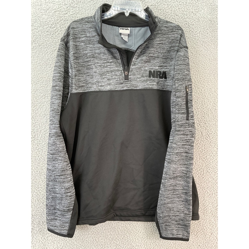 NRA Quarter Zip Pullover Mens XL Grey Black Excellent Fleece Sleeve Pocket Logo